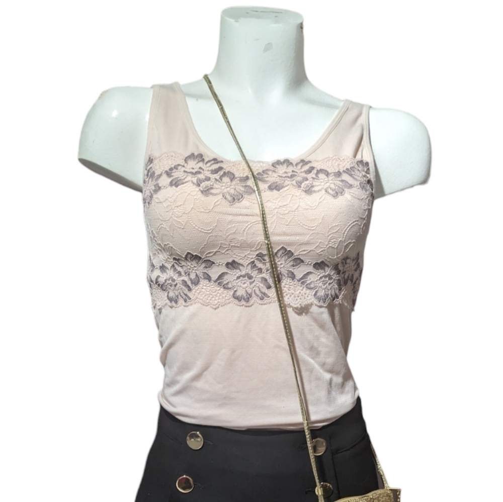 Rhonda Shear Lace Compression Tank Top Built-In Shelf Bra Nude Pink Medium Shape